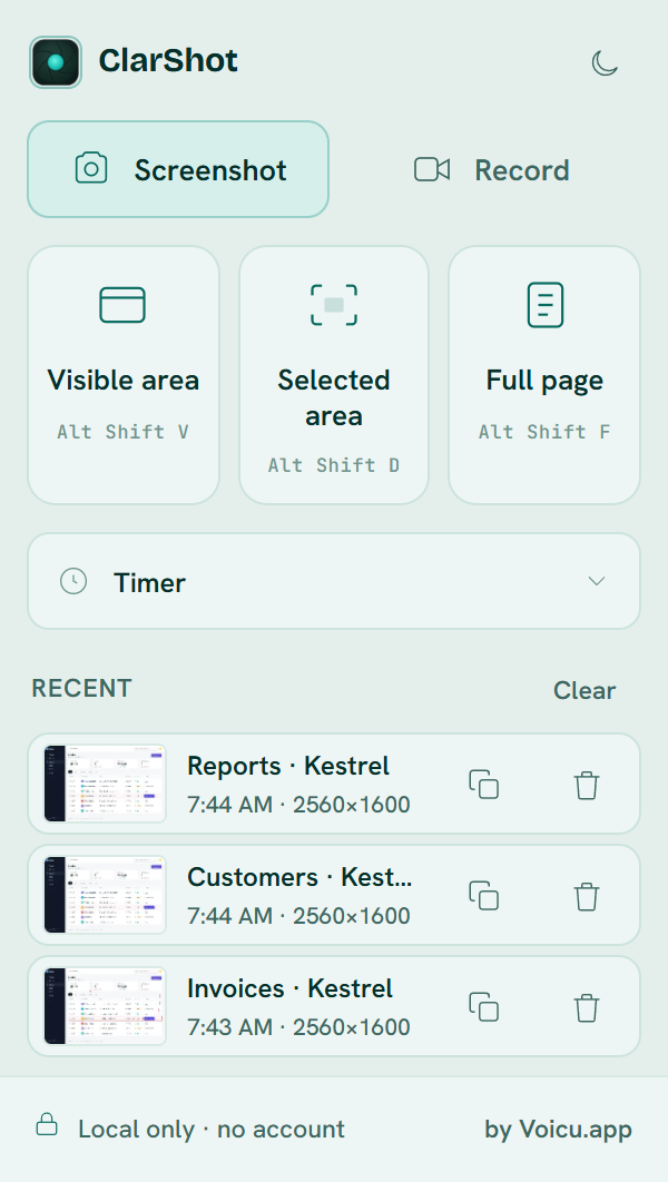 The ClarShot popup: Visible area, Selected area and Full page with their shortcuts, a timer, three recent captures with Copy and Remove buttons, and the note Local only, no account